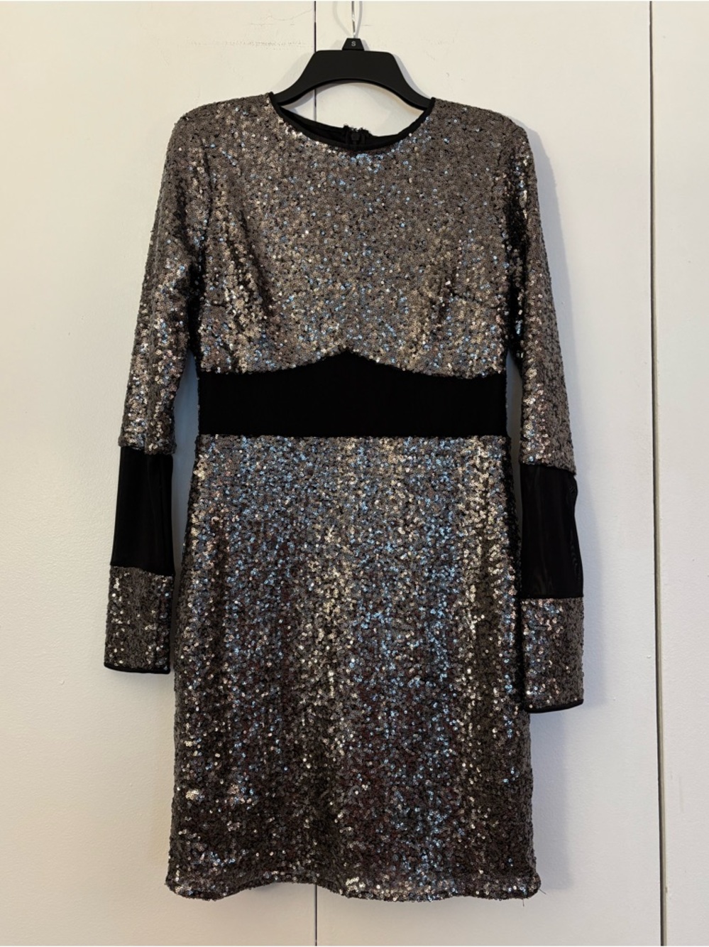 ASOS Long Sleeve Silver Sequin Black Mesh Short Party Dress 10 DAMAGED SEE NOTES